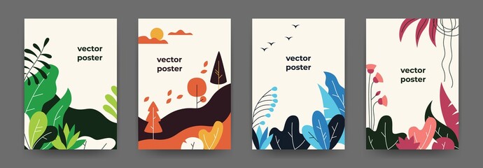 flat plant posters. gradient abstract geometric banners with copy space floral frames, jungle leaves