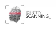 Generic But Realistic Fingerprint Scan With A Red Bar Going Up And Down The Thumb Mark And The Words 'Identity Scanning' On The Side And A Text Cursor Blinking. White Background For Luma Key Edits.