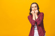 © denis_vermenko - I'm afraid. Fright. Portrait of the scared woman. Business woman standing isolated against yellow studio background. Human emotions, facial expression concept. Front view