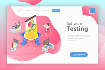 Isometric flat vector landing pate template of software quality assurance, SQA, product testing and debugging, programming and coding.