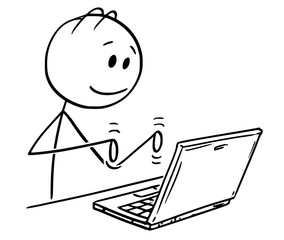 Wall Mural - Cartoon stick figure drawing conceptual illustration of smiling man working and typing on laptop computer.