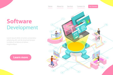 Flat isometric vector landing page template of software development, teamwork, brainstorm, coding.