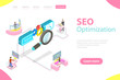 © TarikVision - Flat isometric vector landing page template of search engine ranking, web analytics, SEO, website optimization marketing.