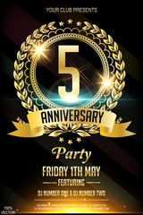 5th golden anniversary celebration poster or flyer with golden ring and golden ribbon. anniversary p
