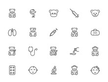 Outline Icons Set. Pediatric Hospital Clinic And Medical Care. Editable Stroke. Vector.