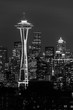 Black and white image of the Seattle Space Needle and other emblematic buildings in the background