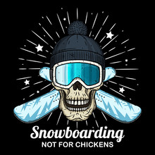 Skull In Ski Goggles, Black Cap And Crossed Snowboard. Cartoon Skull.