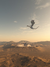 Dragons Flying Around A Smoking Desert Crater, Fantasy Illustration
