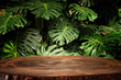 wooden table in front of tropical green Monstera leaves floral background. for product display and presentation.