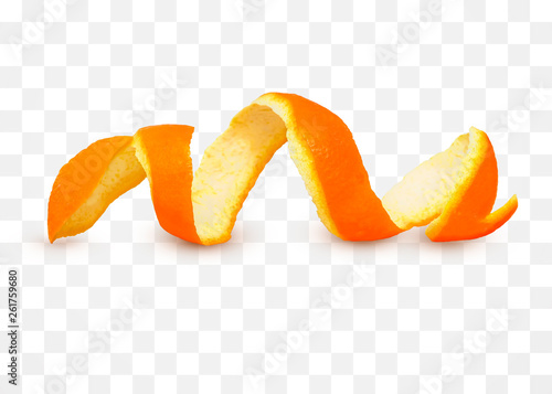 Fotomural Close-up Spiral peeled fresh orange peels isolated on transparent background