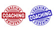 Grunge COACHING round stamp seals isolated on a white background. Round seals with grunge texture in red and blue colors. Vector rubber imprint of COACHING caption inside circle form with stripes.