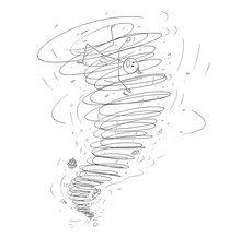 Cartoon Stick Figure Drawing Conceptual Illustration Of Man Carried Away By Tornado Storm.