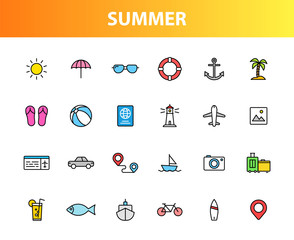 Set of 24 Summer and Holiday web icons in line style. Web and mobile icon. tourism, travel, holiday. Vector illustration.