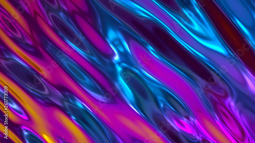 Zdjęcie XXL Renderowania 3d, abstrakcyjne tło, opalizująca folia holograficzna, metaliczna tekstura, tapeta falowana ultrafioletem, płynne zmarszczki, powierzchnia ciekłego metalu, widmo aury ezoterycznej, jasne kolory odcieni