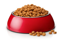 Dry Cat Food In A Red Bowl, Isolated On White Background