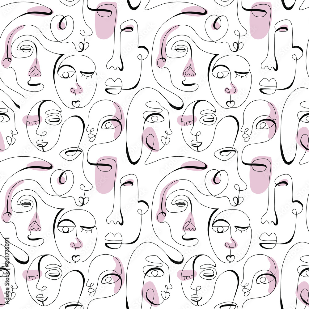 One line drawing abstract face seamless pattern. Modern minimalism art ...