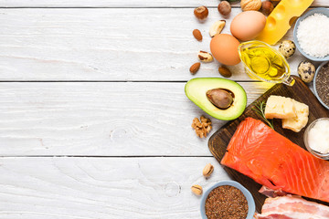 food sources of omega 3 and unsaturated fats. Concept of healthy food. keto or ketogenic diet. top view