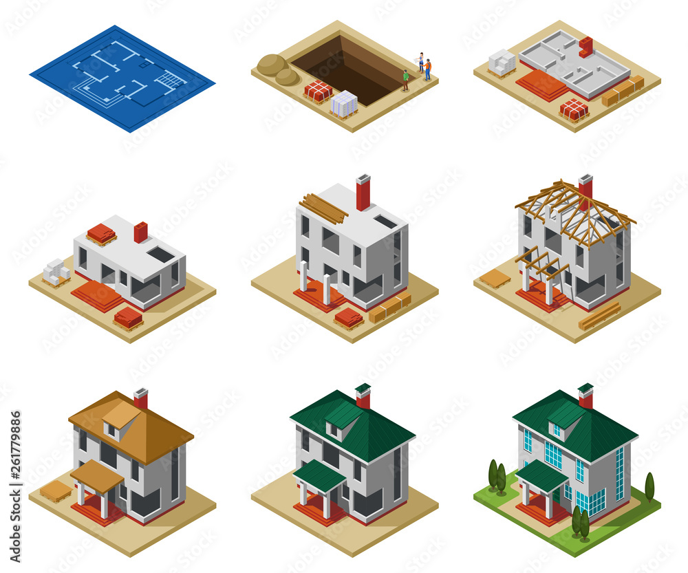 House Construction Phases Isometric Set Stock Vector Adobe Stock