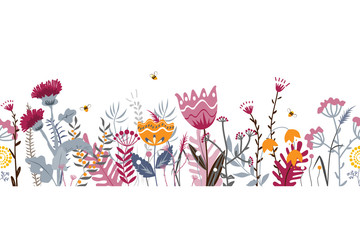 Vector nature seamless background with hand drawn wild herbs, flowers and leaves on white. Doodle style floral illustration.