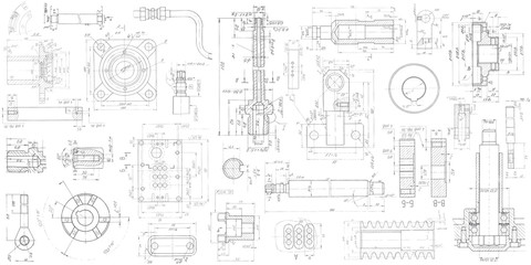 a set of engineering mechanical parts .vector engineering illustration.technical drawing background 