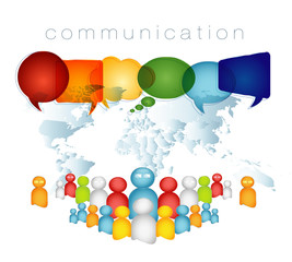 Wall Mural - Isolated speech bubble rainbow colors. Network concept. Crowd speaks. Communication text. Group of people talking with world map background. Social network concept. 3d Illustration