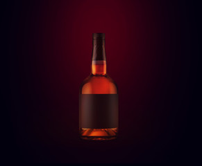 Full whiskey bottle on dark background. Product packaging brand design. Mock up drink with place for you lable and text. Old and tasty scotch whisky against lit background.