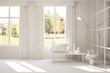 © AntonSh - Stylish empty room in white color with autumn landscape in window. Scandinavian interior design. 3D illustration