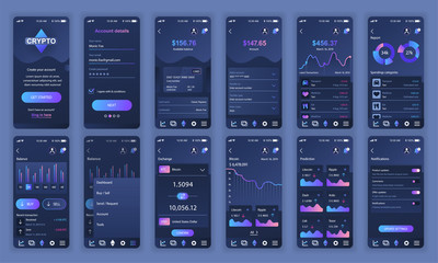 Poster - Set of UI, UX, GUI screens Cryptocurrency app flat design template for mobile apps, responsive website wireframes. Web design UI kit. Cryptocurrency Dashboard.