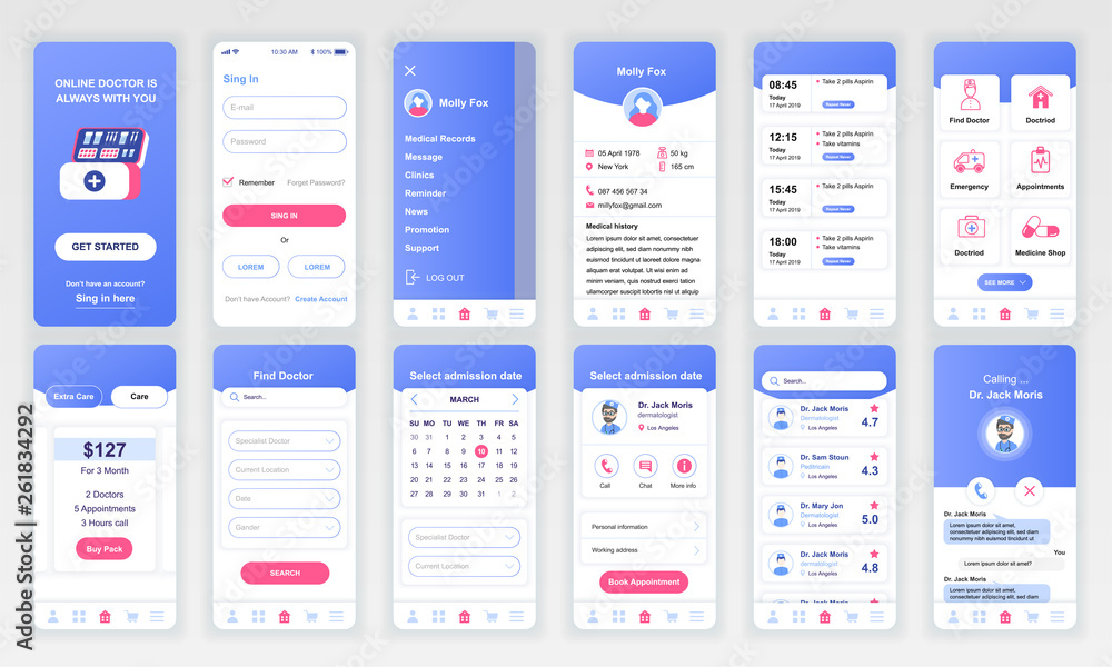 Set of UI, UX, GUI screens Medicine app flat design template for mobile apps, responsive website wireframes. Web design UI kit. Medicine Dashboard. - obrazy, fototapety, plakaty 