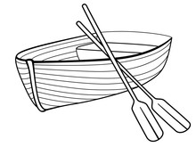 Boat With Oars. Rowing Boat For Romantic Walks On The Lake Or The Sea. Lifeboat Made Of Wood. Boat - Linear Picture For Coloring. Outline Vector.