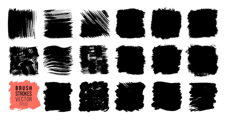 Wall Mural - Vector big set of hand drawn brush strokes, stains for backdrops. Monochrome design elements set. One color monochrome artistic hand drawn backgrounds square shapes.