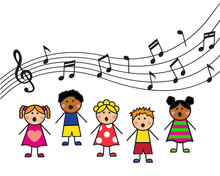 Cartoon Boys And Girls Sing A Song And Top Notes And Treble Clef