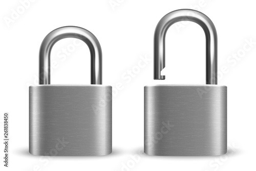 Cuadros en Lienzo Vector 3d Realistic Closed and Opened Metal Silver Chrome Padlock Icon Set Closeup Isolated on White Background