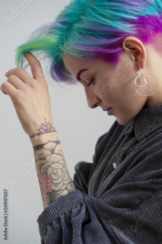Young Beautiful Woman With Dyed Blue And Green Hair Pixie Bob