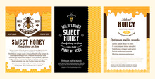 Honey Ads Design With Honeycombs, Dripping Honey And Bees