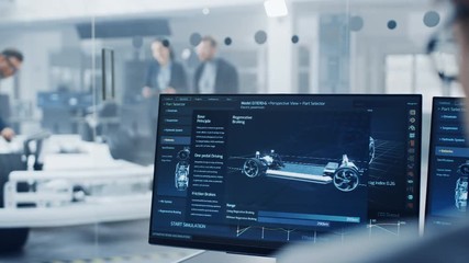 Fototapete - Automotive Design Engineers Talking while Working on Electric Car Chassis Prototype. In Innovation Laboratory Facility Concept Vehicle Frame Includes Wheels, Suspension, Engine and Battery.