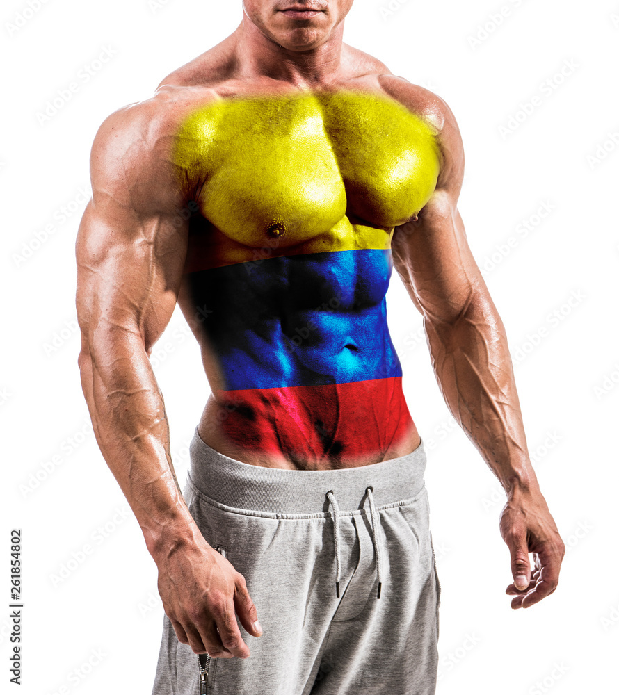 Torso of shirtless muscular man with Colombia flag painted on naked chest, isolated on white in