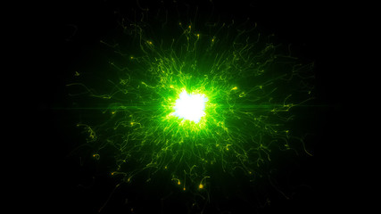 Green futuristic space particles  in bright round energy structure. space orb VFX design element. Abstract colorful lights background animation energy ray of power electric magnetic.