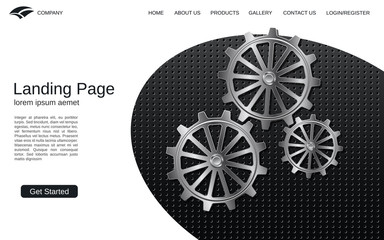 Wall Mural - website landing page vector template. black carbon background with metallic cogwheels illustration