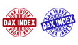 Grunge DAX INDEX round stamp seals isolated on a white background. Round seals with grunge texture in red and blue colors. Vector rubber imprint of DAX INDEX text inside circle form with stripes.