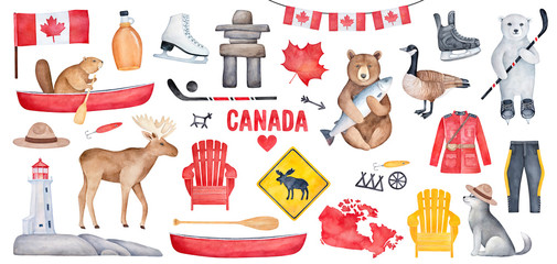 big canada set with various symbols like national flag, maple syrup bottle, lighthouse, hockey skate
