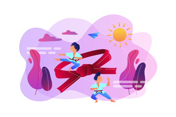 Sticker - Young athletes doing karate outside at summer camp and big belt, tiny people. Karate camp, kids boxing club, fighting sport section concept. Bright vibrant violet vector isolated illustration