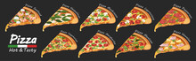 Set Of Flat Pizza Icons Isolated On Black. Vector