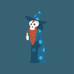 Poster - Bearded Skeleton Sorcerer, Funny Dead Man Cartoon Character Wearing Blue Mantle with Stars and Pointed Hat Vector Illustration