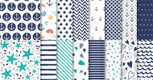 Set Of Marine And Nautical Backgrounds In Navy Blue And White Colors Vector