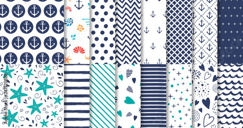 Fotografía Set of marine and nautical backgrounds in navy blue and white colors Vector