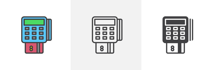 POS terminal with credit card icon. Line, glyph and filled outline colorful version, pay transaction outline and filled vector sign. Symbol, logo illustration. Different style icons set. 