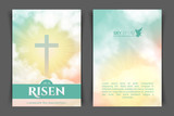 Fototapeta Łazienka - Christian religious design for Easter celebration. Two-sided vertical flyer. Text: He is risen, shining Cross and heaven with white clouds.