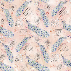 Watercolor seamless pattern with feathers abstract decorative elements.