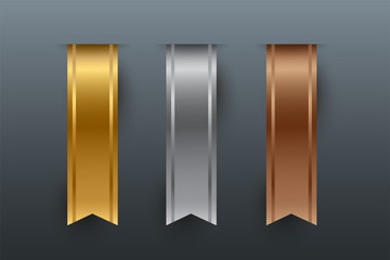 Gold, silver, bronze vertical ribbons isolated on gray background. Vector design elements.